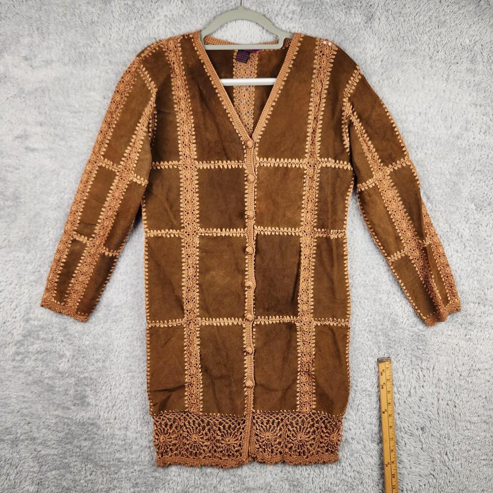 Vintage IDI Coat Womens Medium Brown Leather Crochet Lace Long Boho Western Y2k